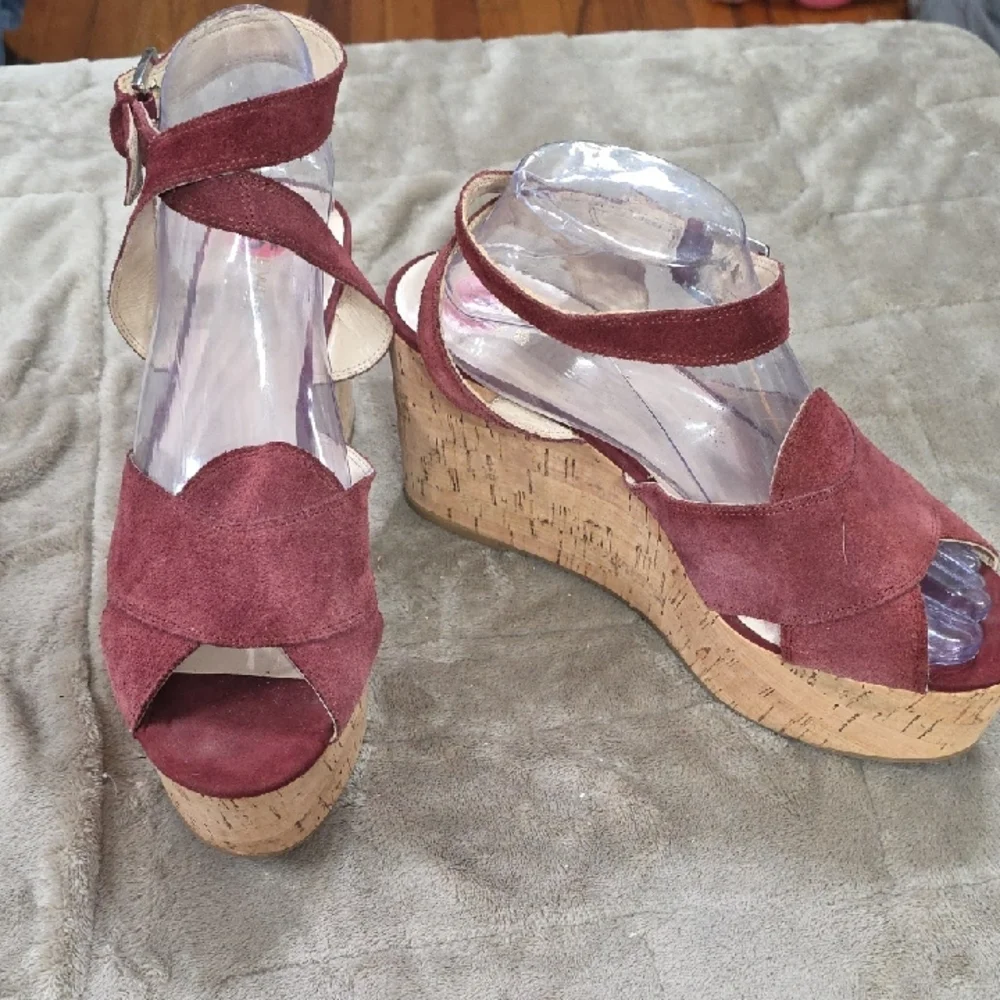 Nine West Women's Platform Sandals Burgundy Leather Ankle Straps Cork Look Sz 10